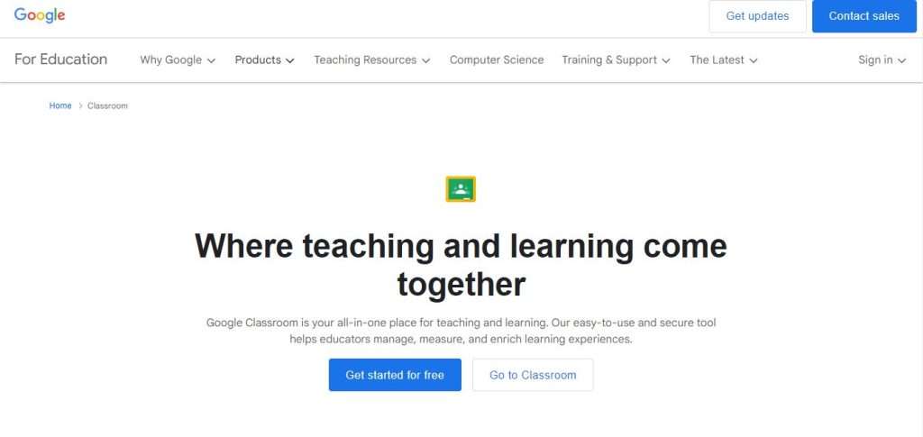 Google Classroom landing page