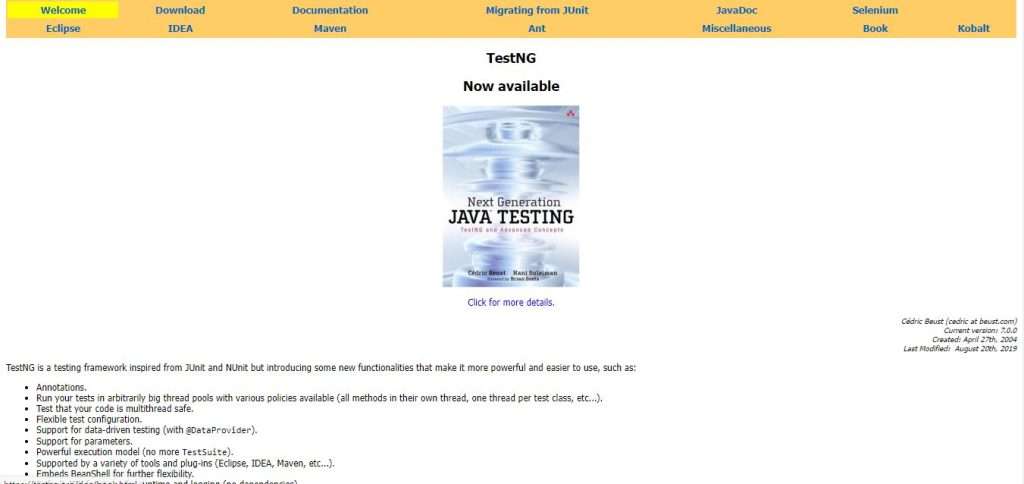 TestNG landing page