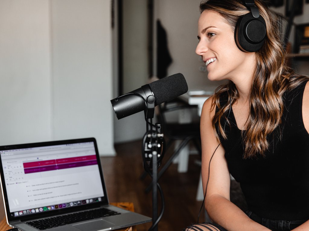 Woman working on podcast
