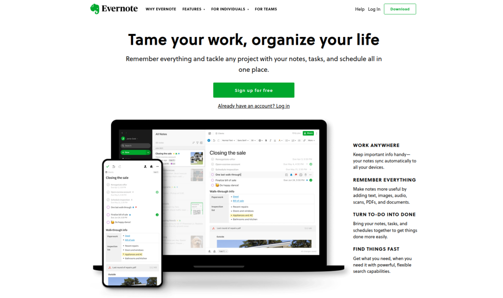 Evernote landing page