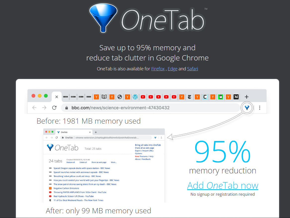 OneTab homepage